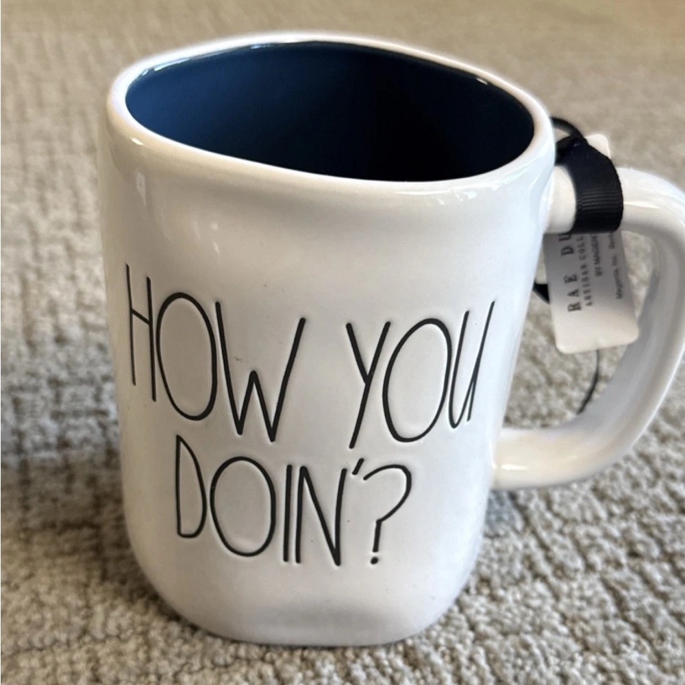 Rae Dunn Friends HOW YOU DOIN? Double Sided Mug W/ Blue Inside NWT